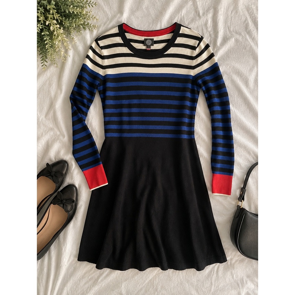 Vince Camuto Womens Striped Long Sleeve Knit Fit & Flare Sweater Dress Black